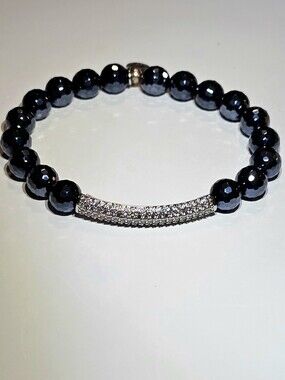 T. Jazelle Bracelet Faceted Midnight Blue Hematite Beads Pave CZ Bar